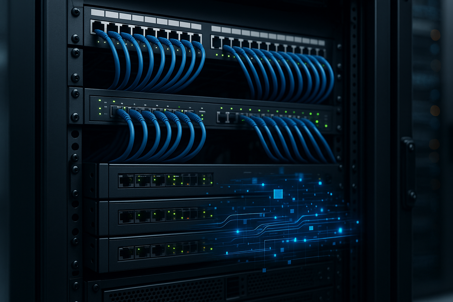 Rack de serveur avec panneau de brassage et câble pour la configuration du réseau