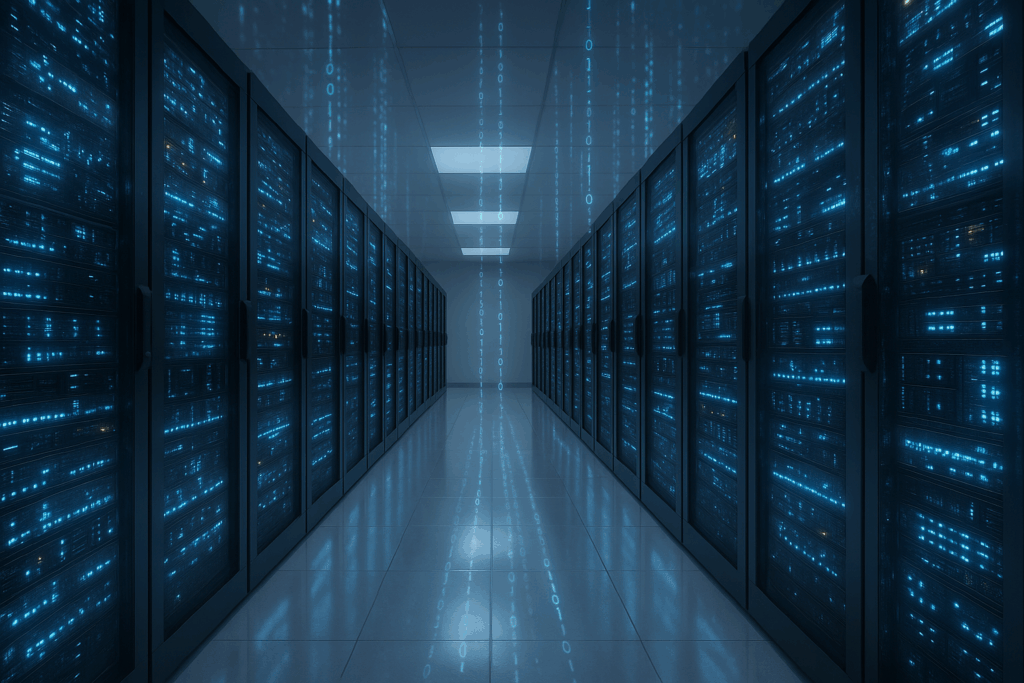 Salle des serveurs avec des racks de serveurs lumineux représentant les performances de PHP Worker