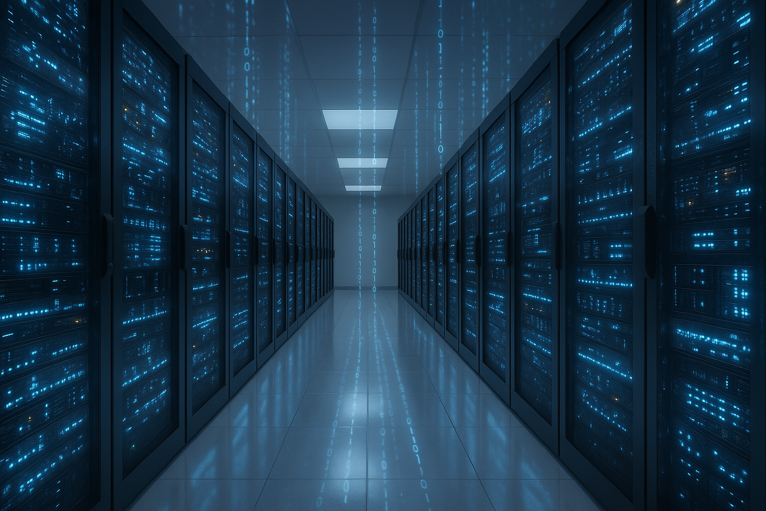 Salle des serveurs avec des racks de serveurs lumineux représentant les performances de PHP Worker