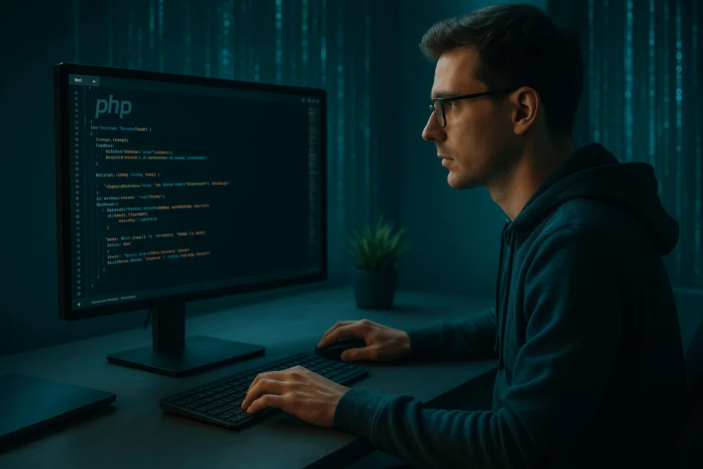 Poste de travail moderne d'un développeur PHP avec code PHP ouvert sur plusieurs moniteurs