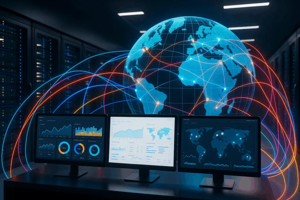 Centre de données moderne avec infrastructure CDN en réseau et tableau de bord Plesk