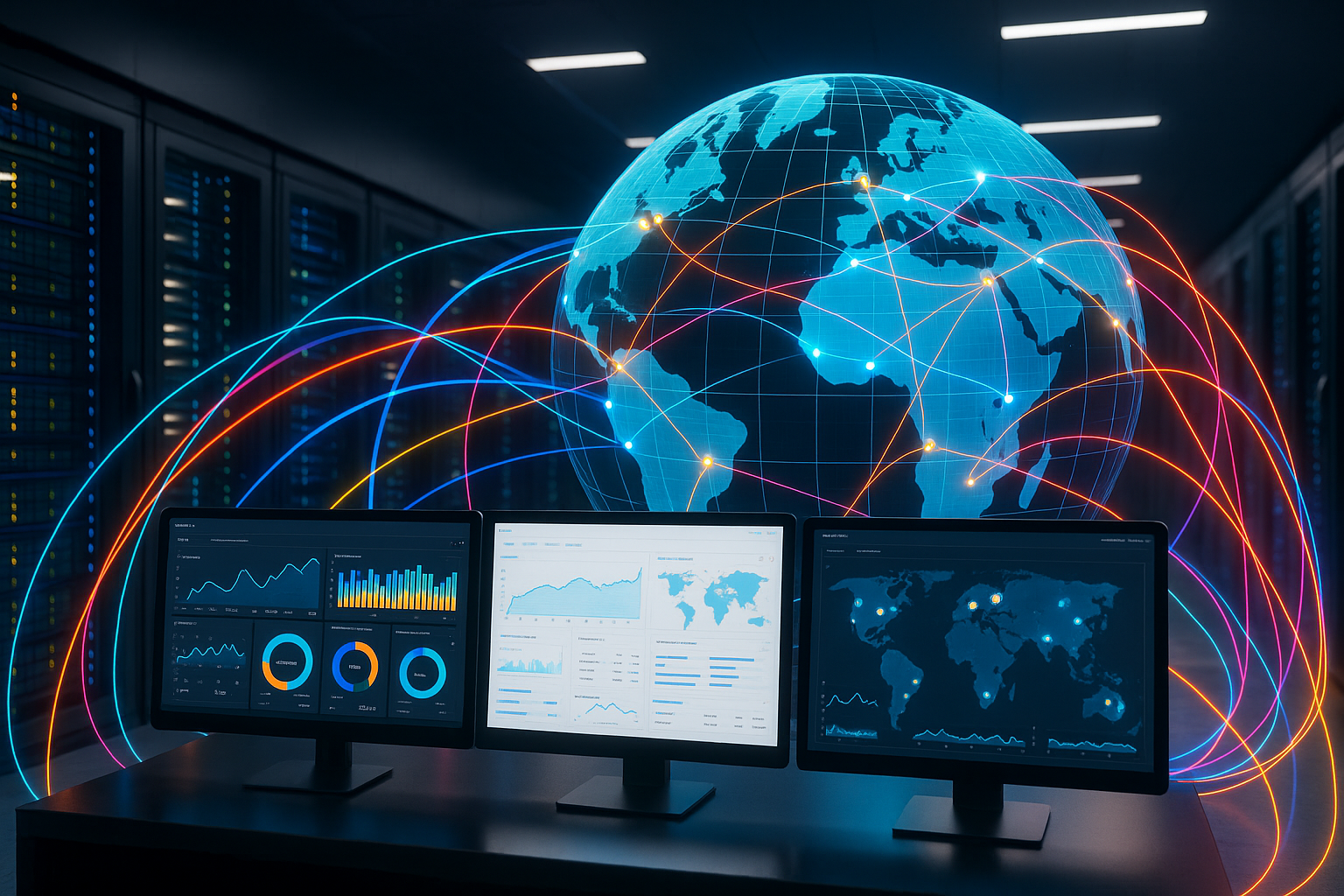 Centre de données moderne avec infrastructure CDN en réseau et tableau de bord Plesk