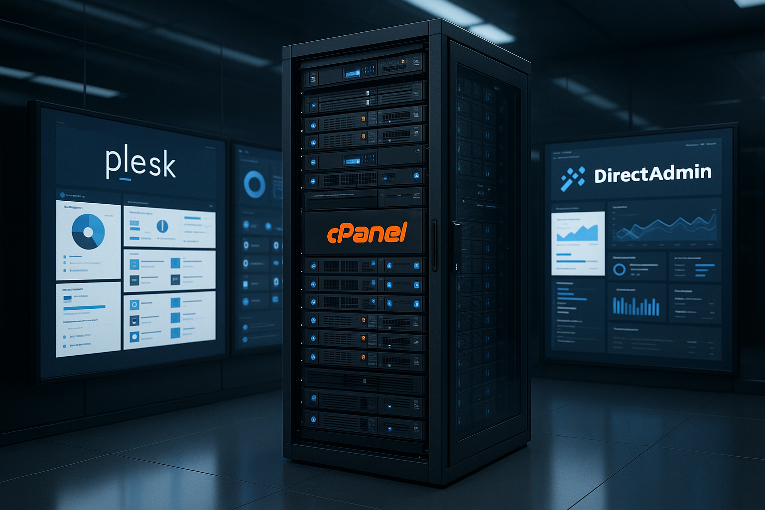 Rack de serveurs et logos du panneau de contrôle, infrastructure d'hébergement moderne