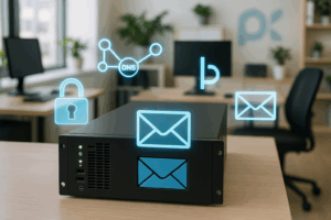Scène informatique photoréaliste avec serveur de messagerie Plesk et icônes pour SPF, DKIM et DMARC