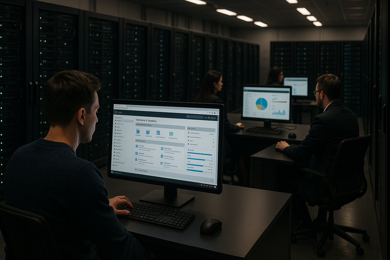 Salle de serveurs moderne avec tableau de bord Plesk sur des moniteurs, focalisation sur la sécurité