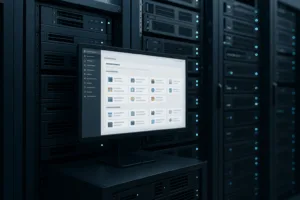 Rack de serveur photoréaliste avec écran ouvert, sur lequel Ubuntu et le panneau de contrôle Plesk sont installés, look moderne de centre de données