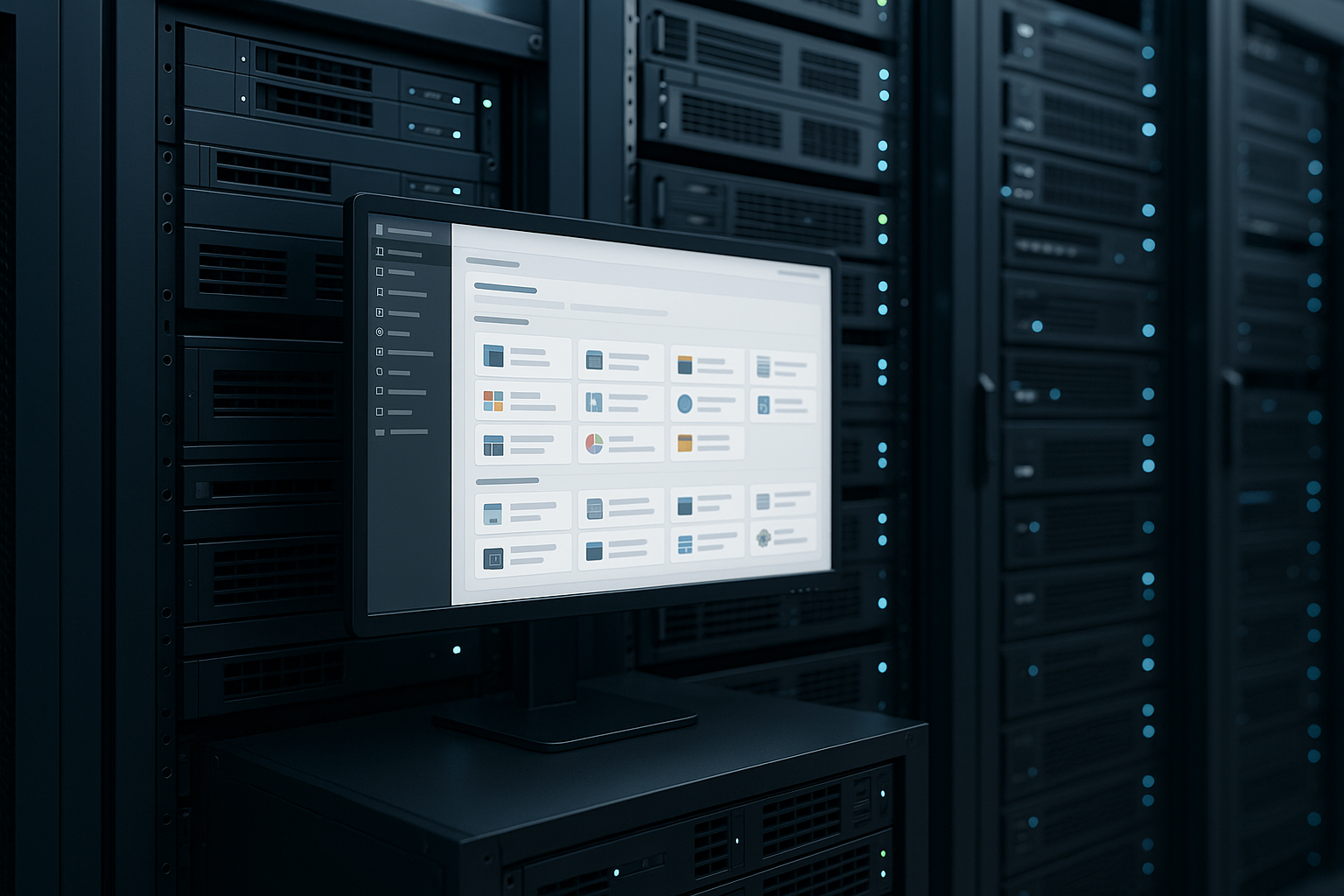 Rack de serveur photoréaliste avec écran ouvert, sur lequel Ubuntu et le panneau de contrôle Plesk sont installés, look moderne de centre de données