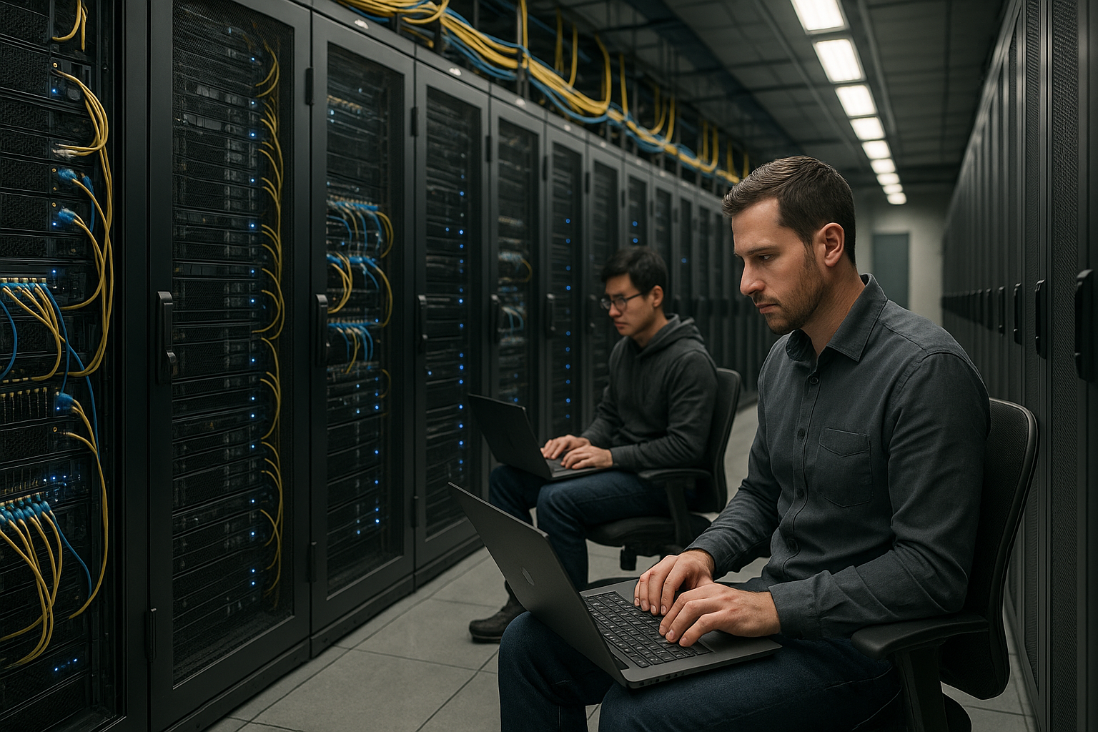 Centre de calcul moderne pour l'hébergement web, développeurs sur ordinateur portable, racks de serveurs