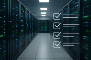 Salle de serveurs avec technologie moderne, contrôle de l'hébergement web et liste de contrôle de l'audit SEO, photoréaliste