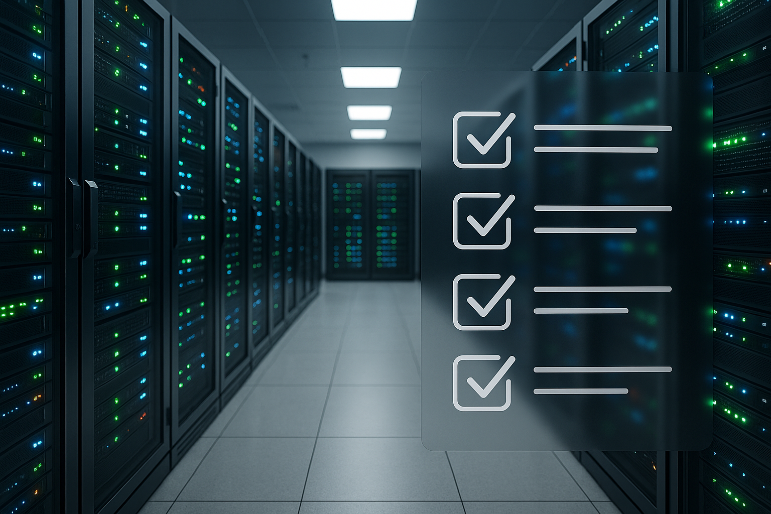 Salle de serveurs avec technologie moderne, contrôle de l'hébergement web et liste de contrôle de l'audit SEO, photoréaliste