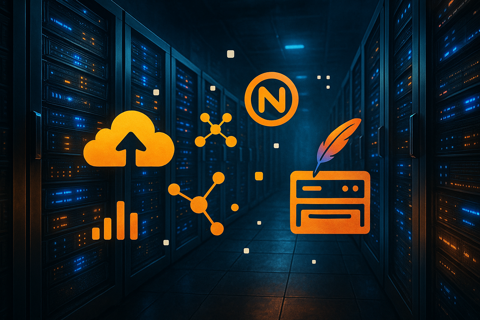 Mise en cache côté serveur avec Nginx et Apache - Espace serveur moderne avec icônes de serveur web