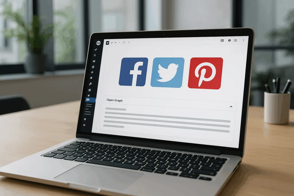Un ordinateur portable montre l'éditeur de WordPress avec un aperçu des médias sociaux et des méta-tags Open Graph