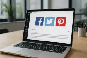 Un ordinateur portable montre l'éditeur de WordPress avec un aperçu des médias sociaux et des méta-tags Open Graph