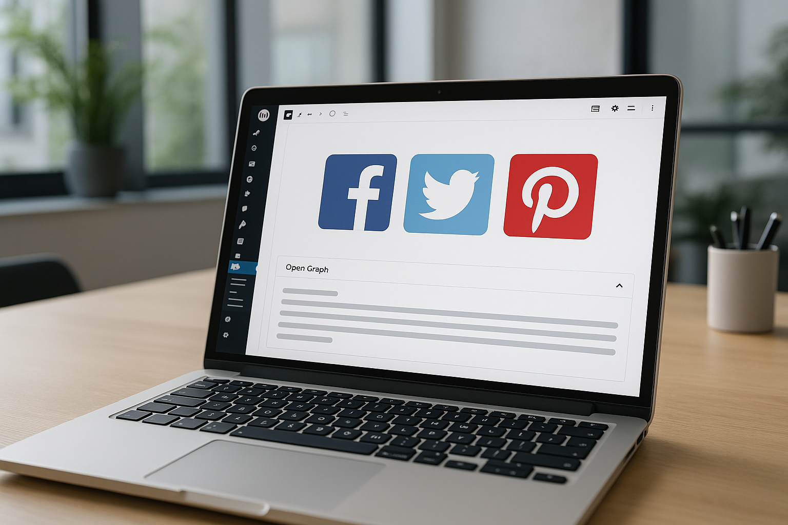 Un ordinateur portable montre l'éditeur de WordPress avec un aperçu des médias sociaux et des méta-tags Open Graph