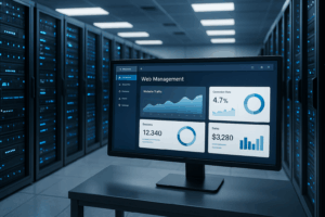 Salle de serveurs avec interface utilisateur moderne de la console de serveur Strato