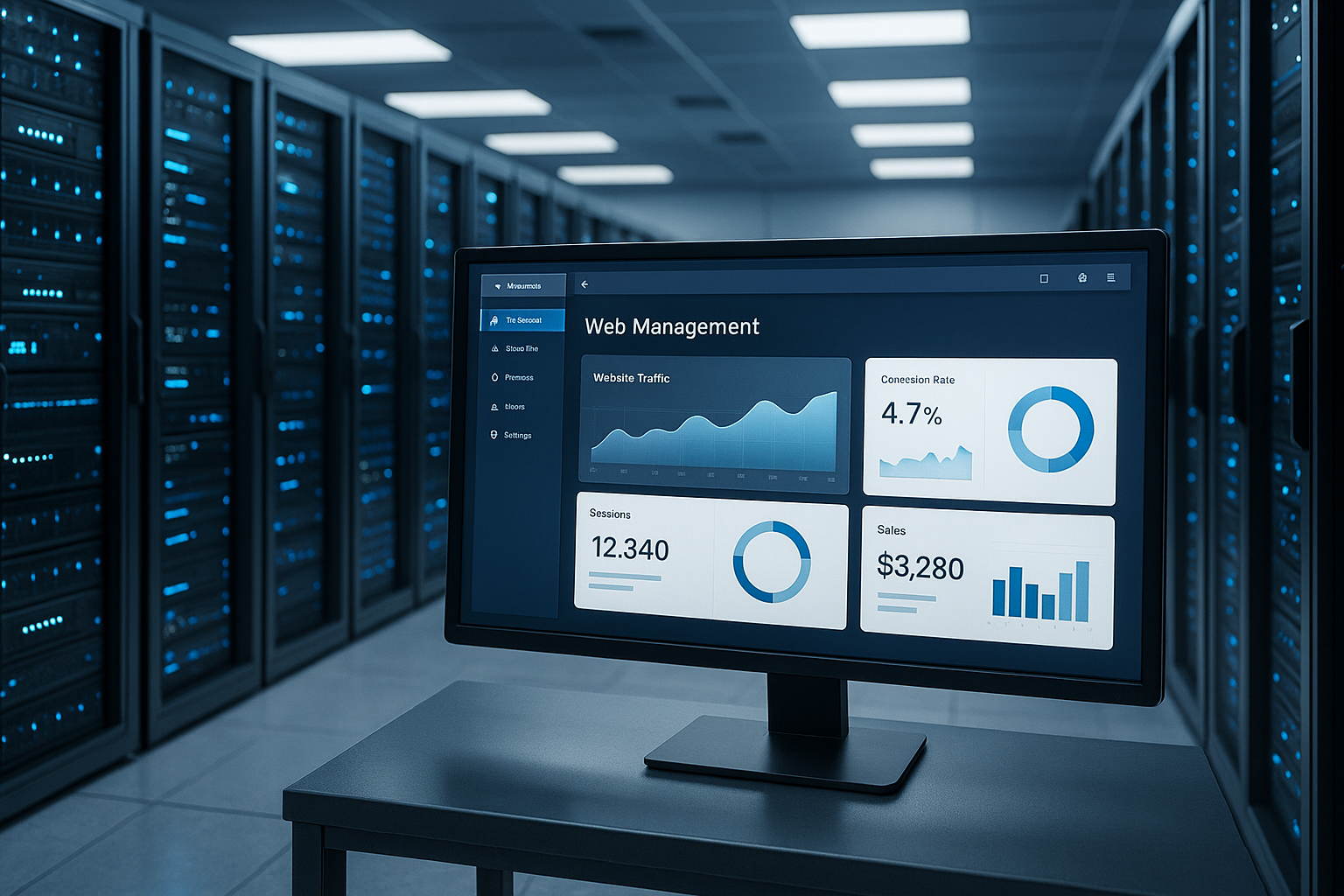 Salle de serveurs avec interface utilisateur moderne de la console de serveur Strato