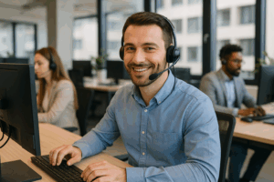 Contact du support Strato dans un bureau moderne, personnel de service au téléphone