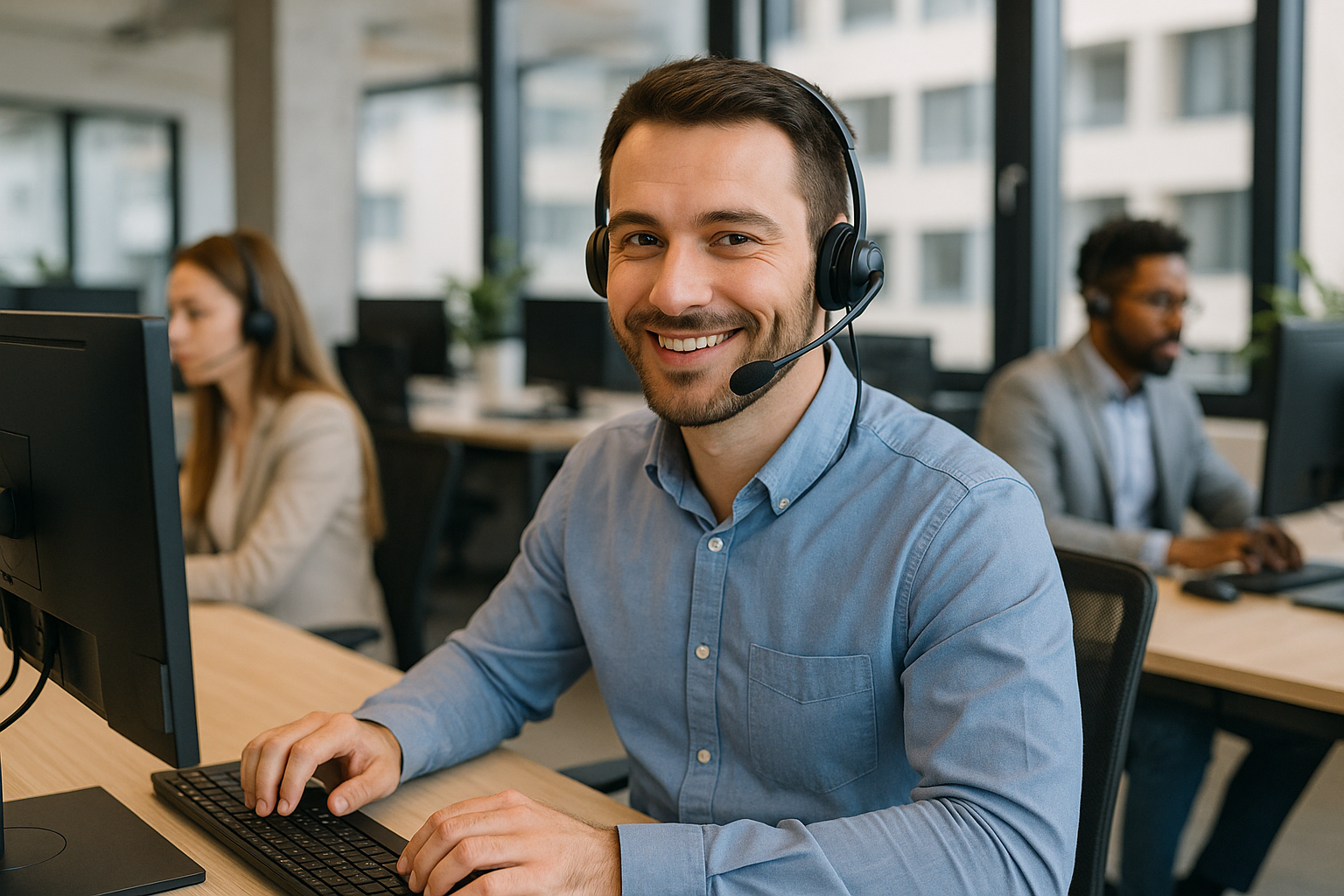 Contact du support Strato dans un bureau moderne, personnel de service au téléphone