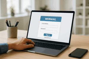 Connexion au webmail Strato sur un ordinateur portable dans un environnement lumineux, style Office