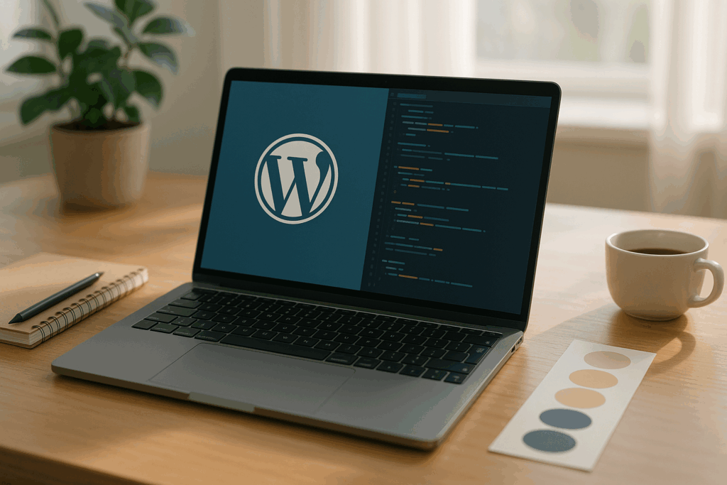 Bureau avec ordinateur portable et code WordPress ouvert, photoréaliste