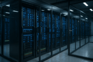 Centre de données moderne avec racks de serveurs et éclairage
