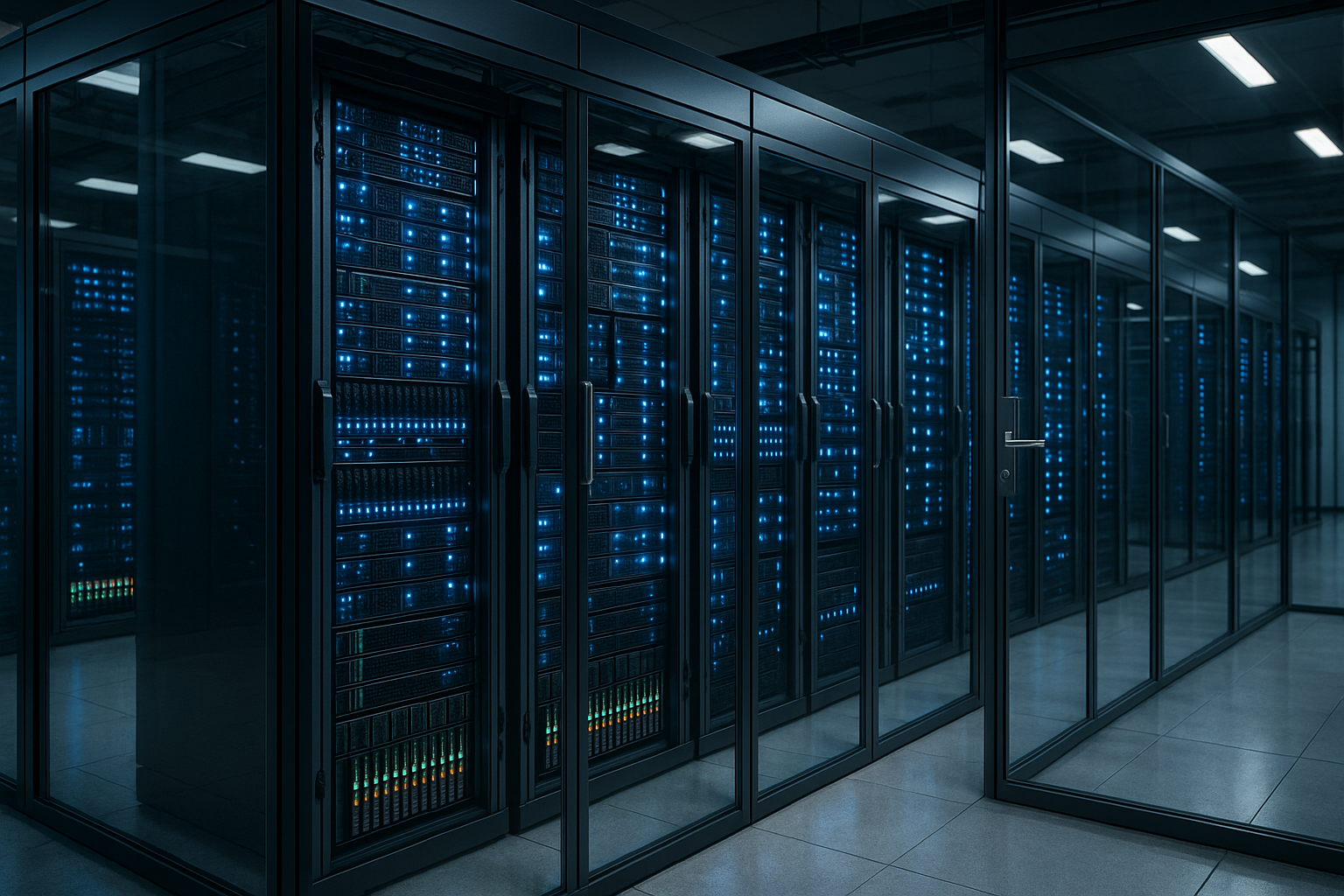 Centre de données moderne avec racks de serveurs et éclairage
