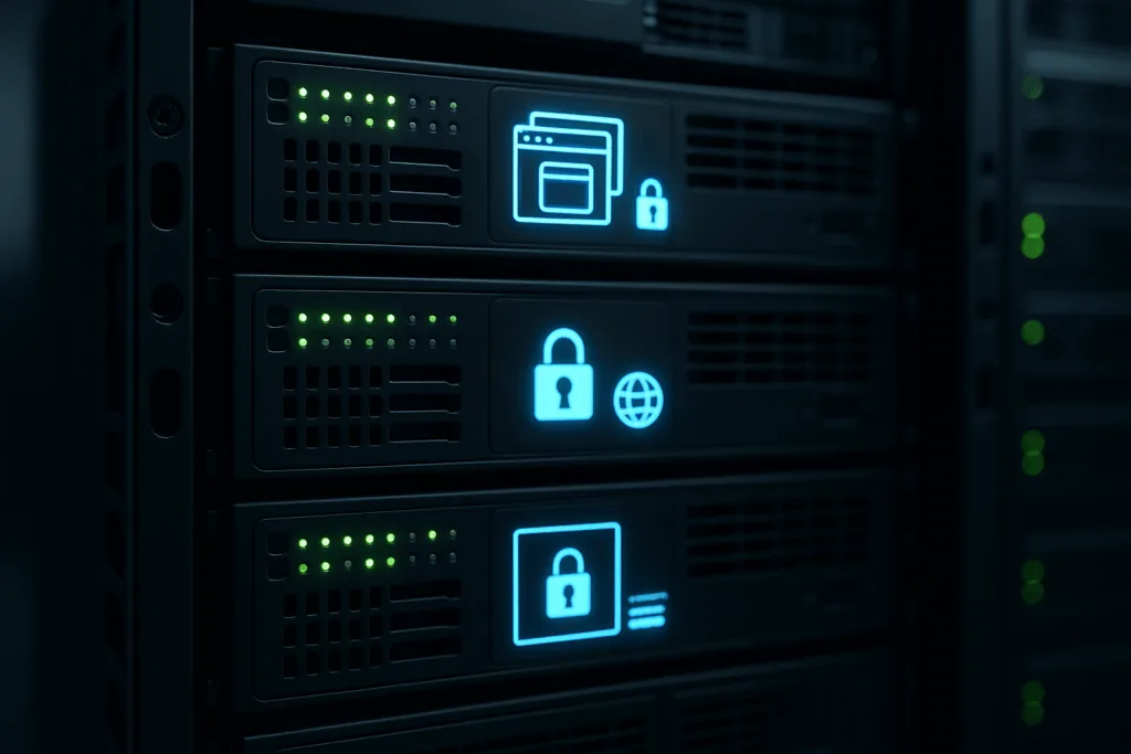 Représentation photoréaliste d'un rack de serveurs modernes avec des serveurs virtuels