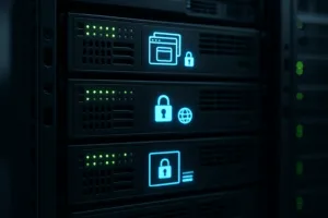 Représentation photoréaliste d'un rack de serveurs modernes avec des serveurs virtuels