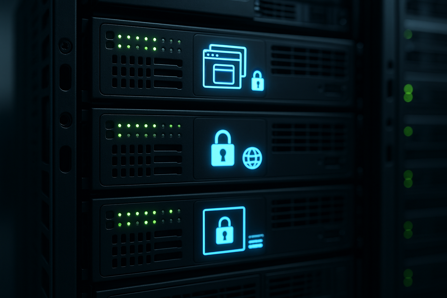 Représentation photoréaliste d'un rack de serveurs modernes avec des serveurs virtuels