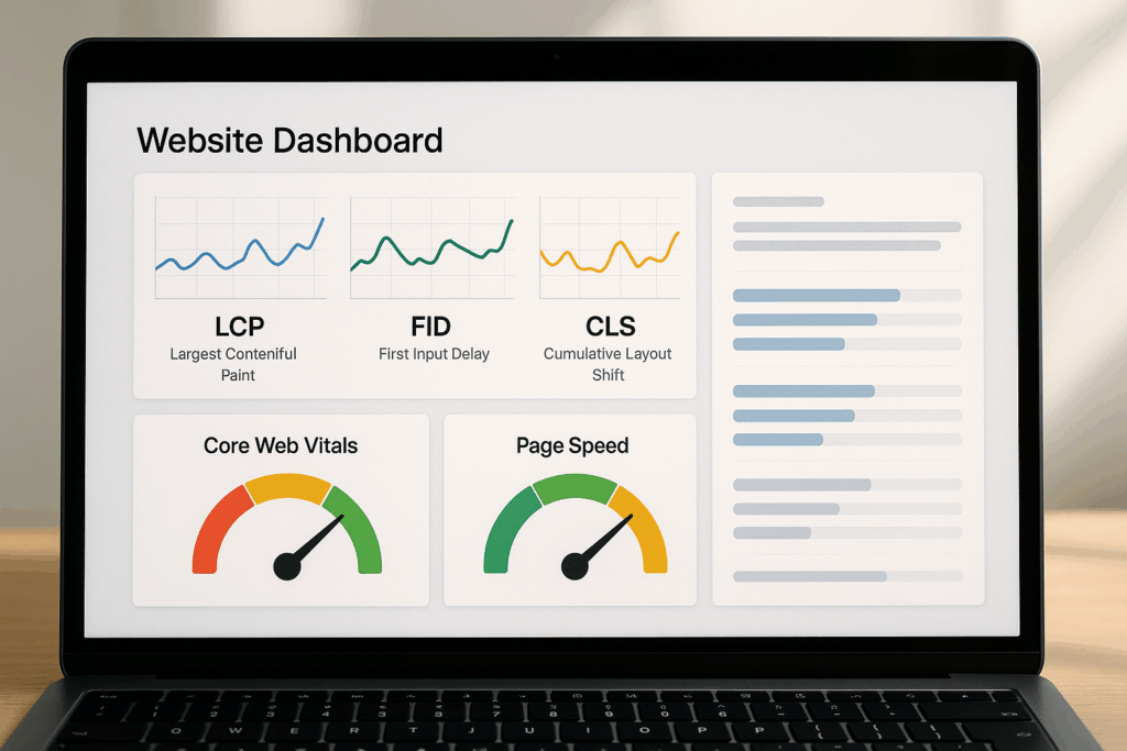 Tableau de bord moderne du site web avec les mesures PageSpeed et Core Web Vitals