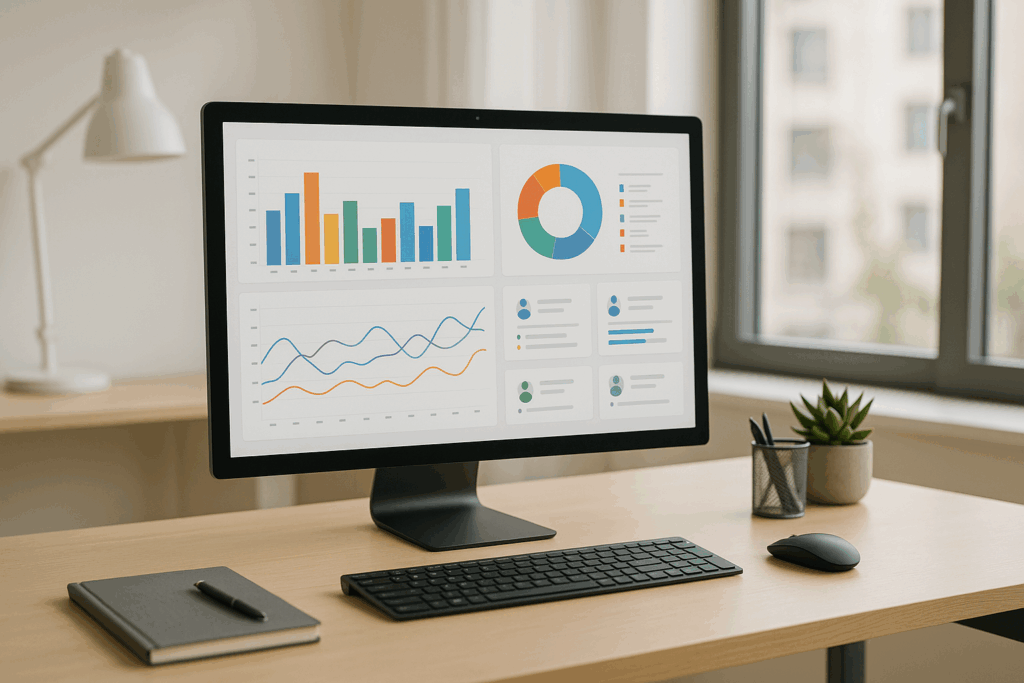 Poste de travail moderne avec tableau de bord analytique et statistiques