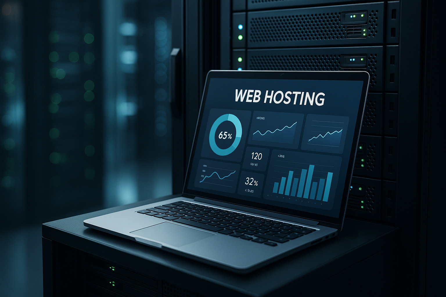 Ordinateur portable professionnel avec tableau de bord d'hébergement web et étagère de serveurs en arrière-plan