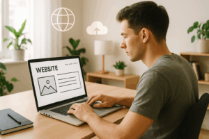 Image photoréaliste : personne créant un site web sur ordinateur portable, bureau moderne, symboles d'hébergement