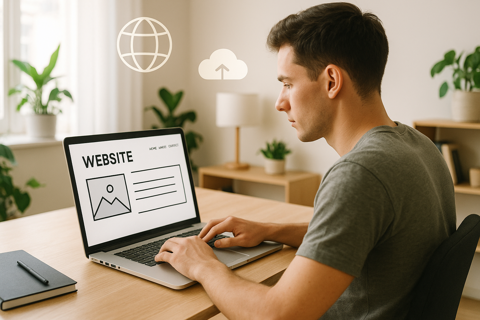 Image photoréaliste : personne créant un site web sur ordinateur portable, bureau moderne, symboles d'hébergement
