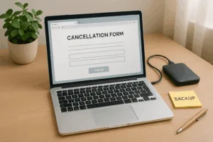 Ordinateur portable avec formulaire de résiliation et disque dur de sauvegarde sur le bureau