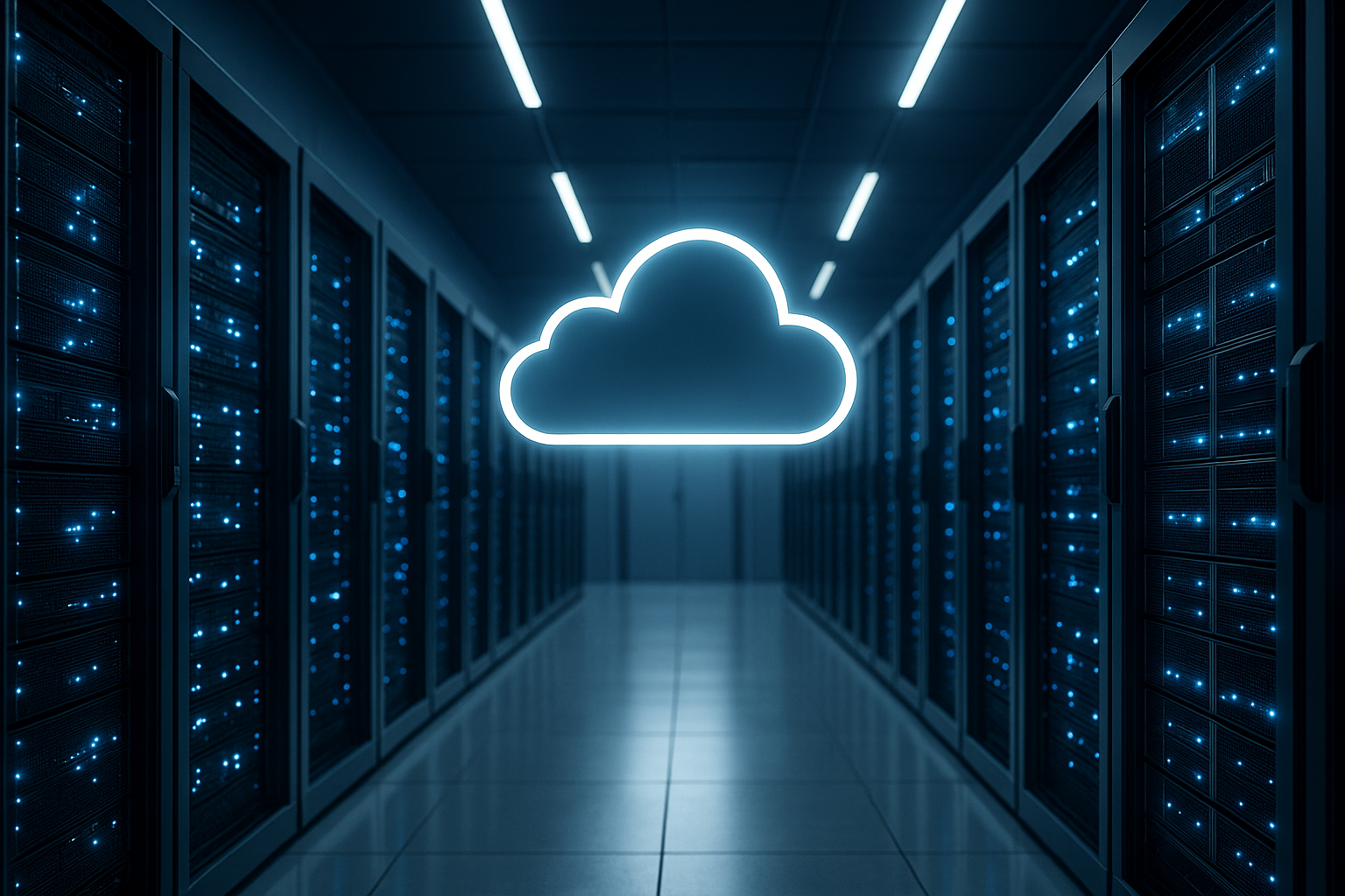 centre de données moderne avec racks de serveurs lumineux et cloud numérique