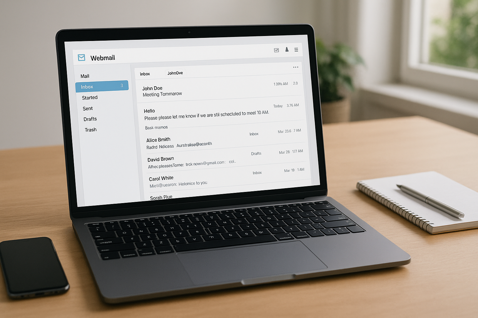 Table pour ordinateur portable avec interface webmail, smartphone, bloc-notes et lumière du jour