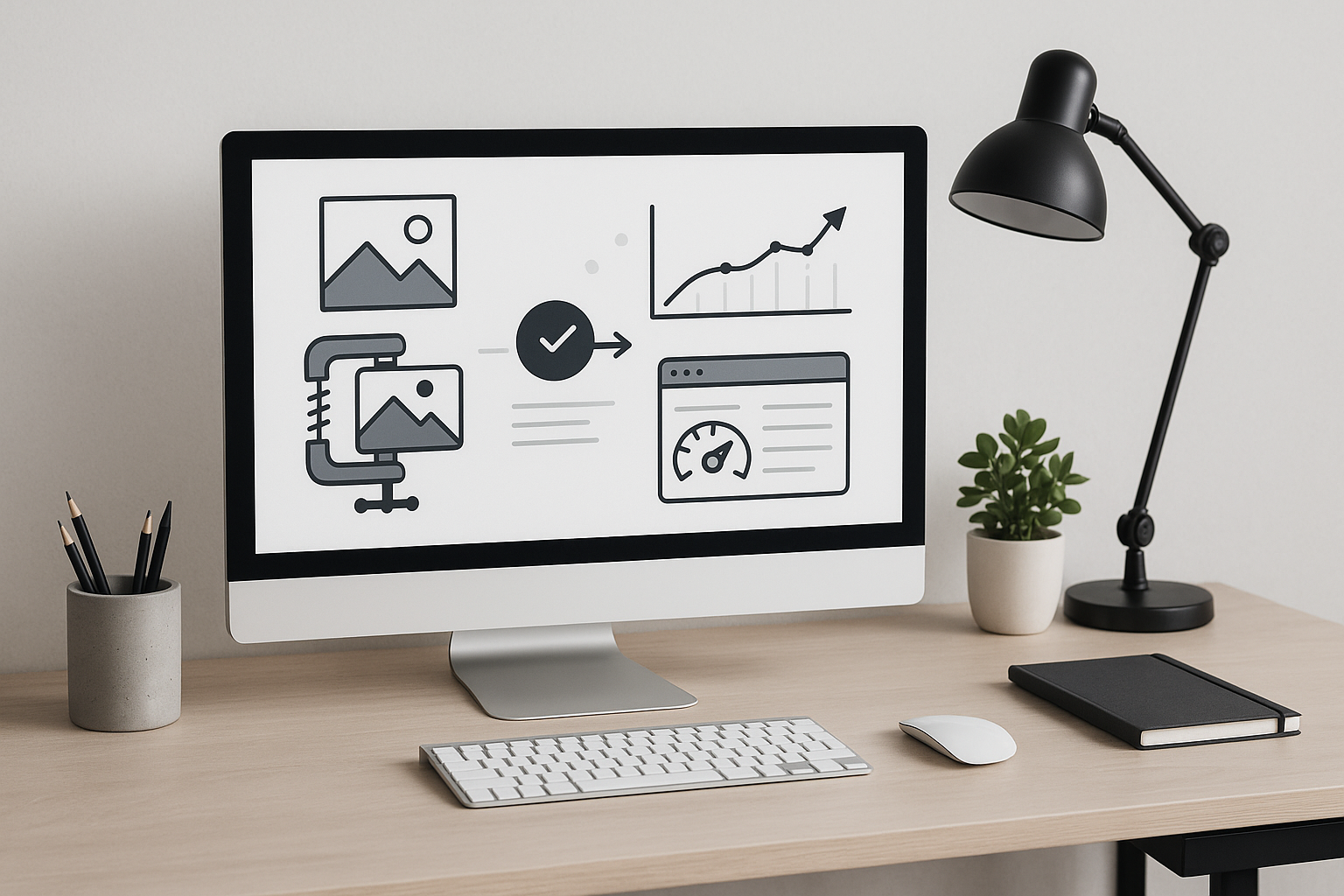 Image photoréaliste d'un bureau avec moniteur et outils d'optimisation d'image ouverts pour le web