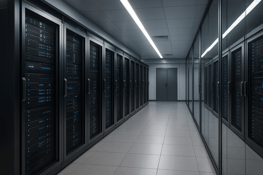 Salle de serveurs moderne pour les fournisseurs d'espace web avec des serveurs éclairés.