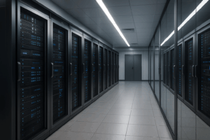 Salle de serveurs moderne pour les fournisseurs d'espace web avec des serveurs éclairés.