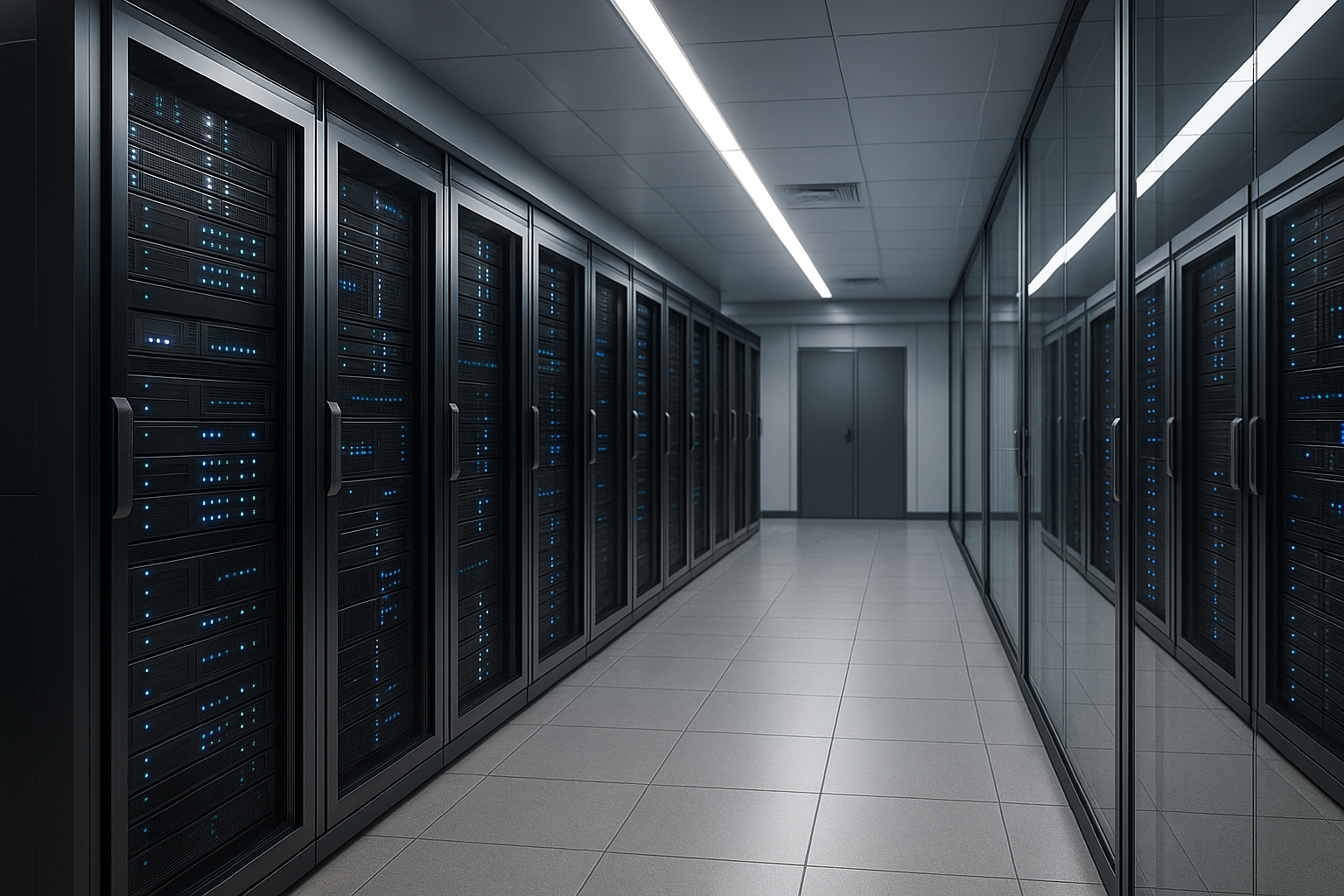 Salle de serveurs moderne pour les fournisseurs d'espace web avec des serveurs éclairés.
