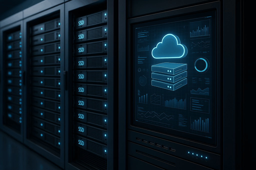 Espace serveur moderne avec technologie SSD, symbole d'un espace web avancé.