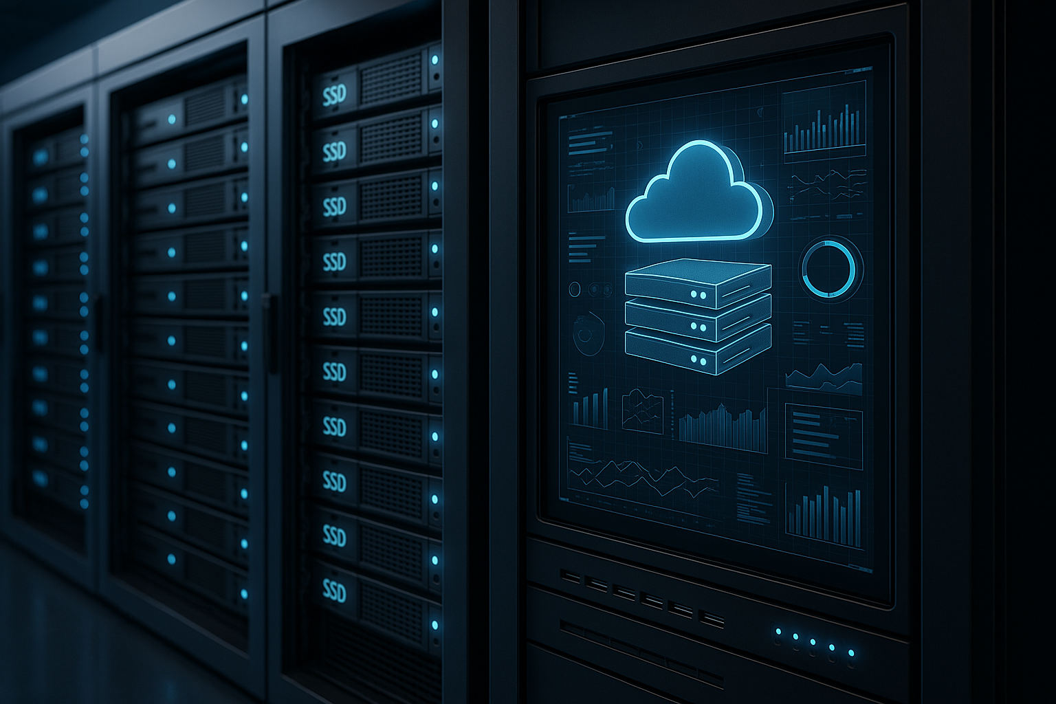 Espace serveur moderne avec technologie SSD, symbole d'un espace web avancé.