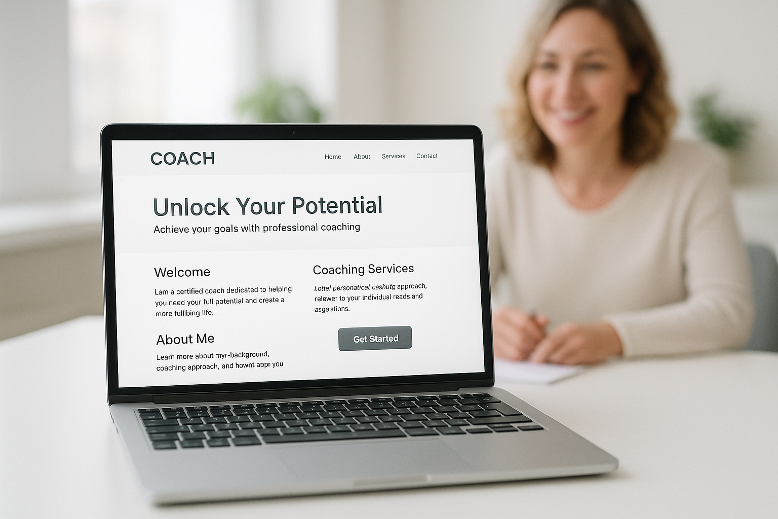 Site web de coaching WordPress moderne sur un ordinateur portable avec un espace de travail lumineux.