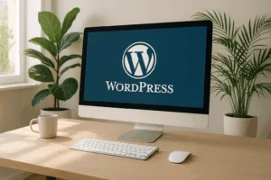 Configuration de bureau moderne avec logo WordPress sur l'écran et ambiance conviviale