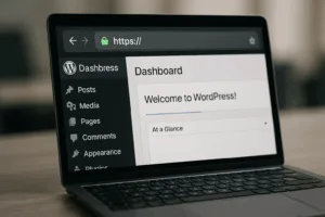 WordPress Backend avec l'URL HTTPS et l'icône de sécurité activées de manière visible