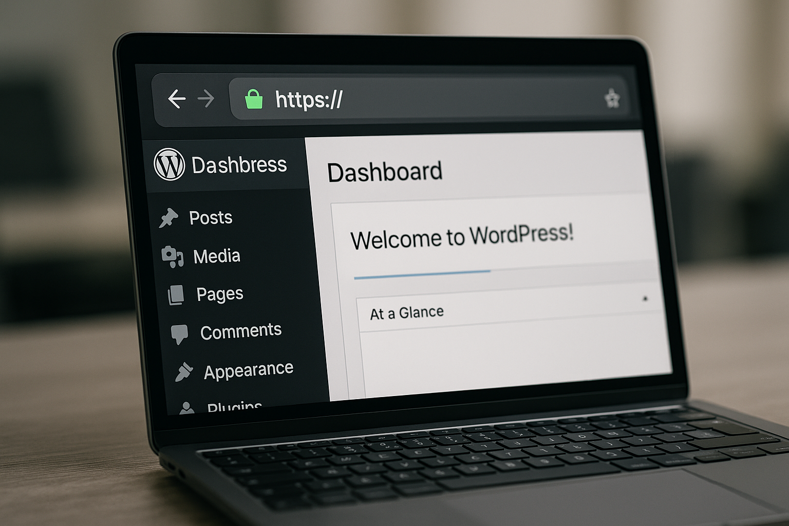 WordPress Backend avec l'URL HTTPS et l'icône de sécurité activées de manière visible