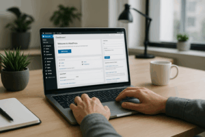 Ordinateur portable avec l'interface WordPress ouverte et les mains sur le clavier dans un bureau moderne.