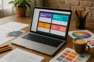 Poste de travail photoréaliste avec ordinateur portable avec WordPress Page Builder