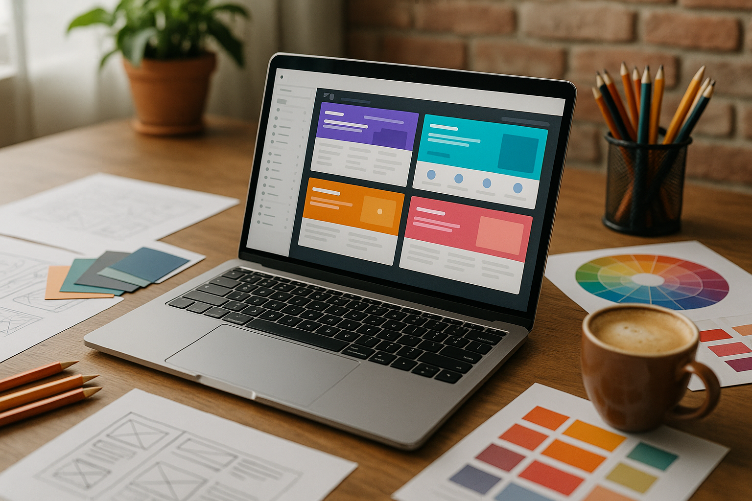 Poste de travail photoréaliste avec ordinateur portable avec WordPress Page Builder